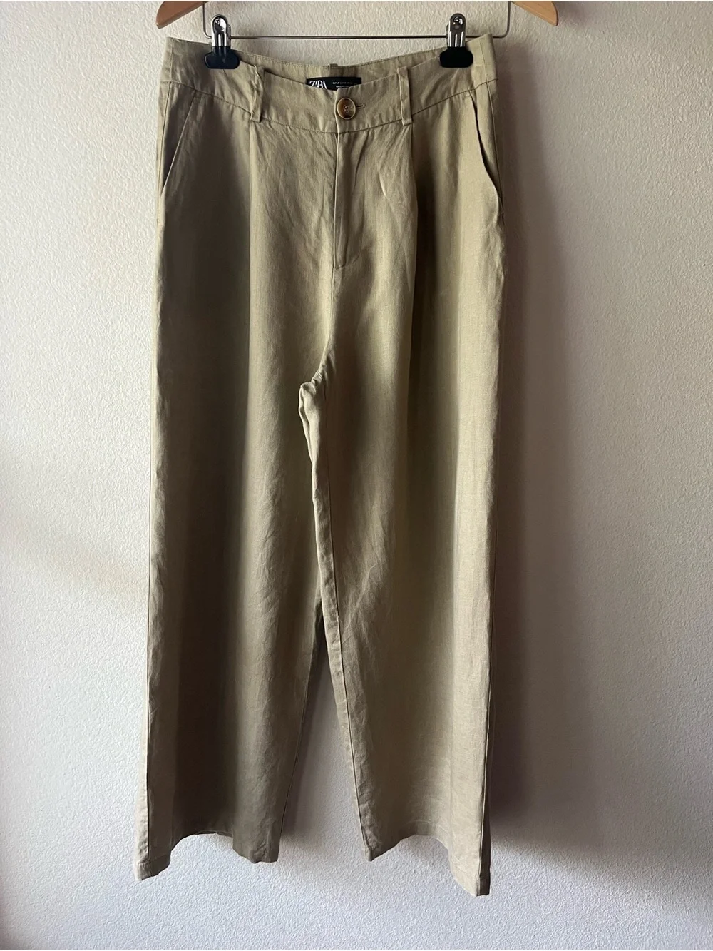 Zara Relaxed Linen Wide Leg Crop Trouser Pleat Front Pant Khaki Tan Size M